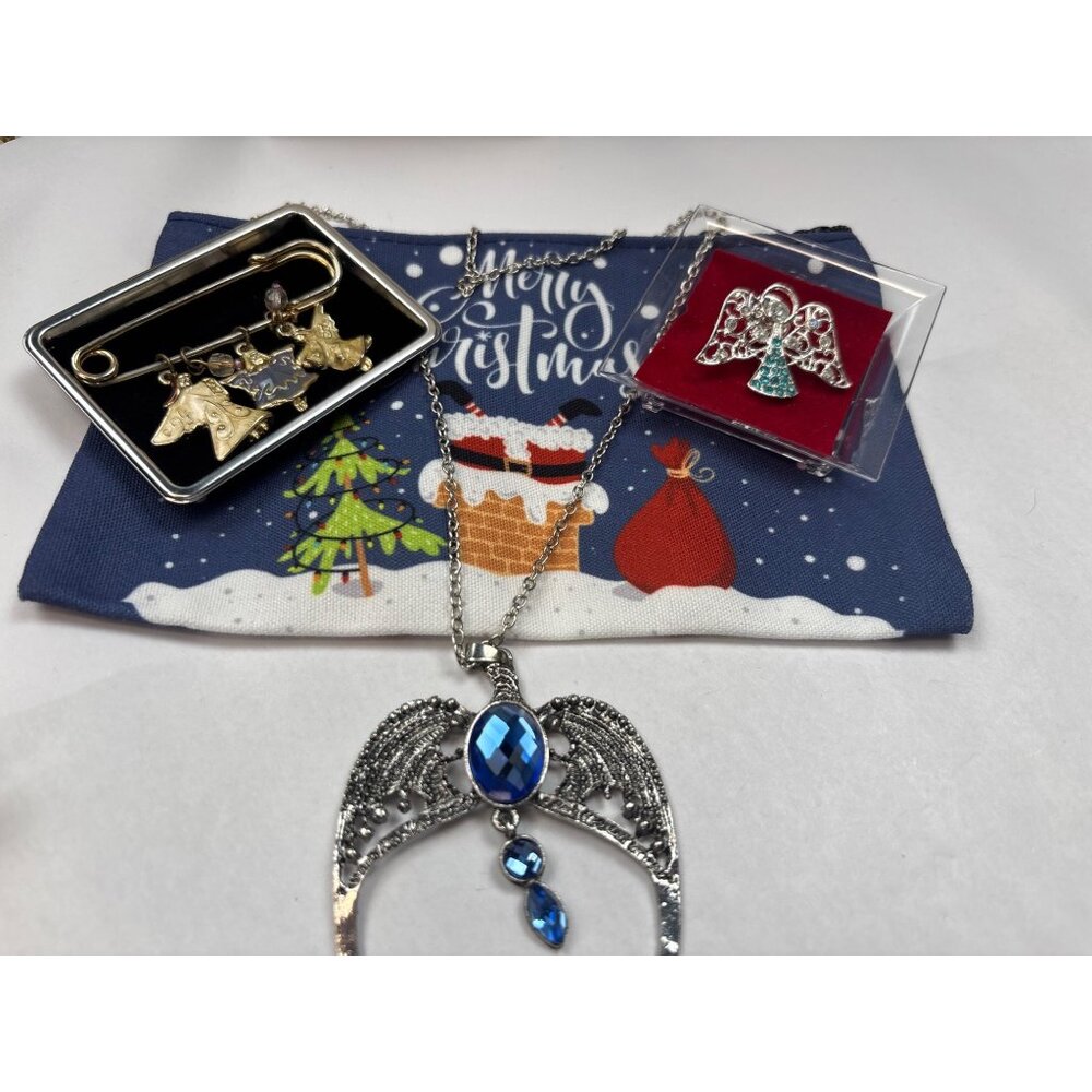 Angel-Themed Christmas Jewelry Gift Set: Blue Gem Necklace Angel Pin & Brooch Fe